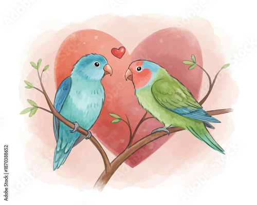 Cute Watercolor Lovebird Couple on Heart, Romantic Wedding & Valentine Clipart Isolated on White