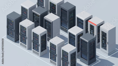 Isometric illustration of server racks with highlighted unit in data center.