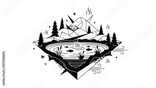 Whimsical natural landscape illustration with a serene pond and surrounding mountains.