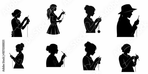 Collection of eight black silhouettes of women engaged in crocheting or knitting, isolated vector illustrations showcasing the handcraft hobby.