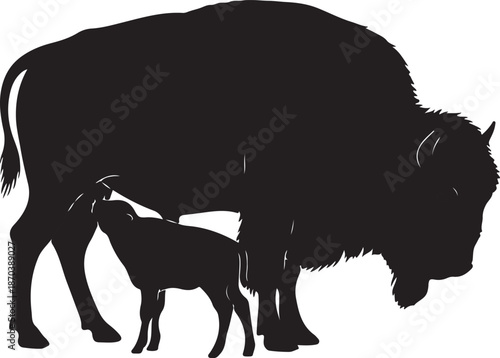 Baby Bison and Mother Silhouette, Wildlife Animal Family Vector, Nature Conservation Illustration