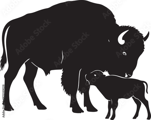 Baby Bison and Mother Silhouette, Wildlife Animal Family Vector, Nature Conservation Illustration