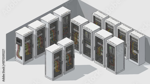 Server racks in a data center with various equipment.