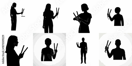 Multiple silhouettes of women and individuals holding flat irons or hair straighteners, illustrating hair styling, beauty routines, and salon tools.