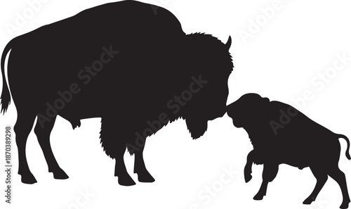 Baby Bison and Mother Silhouette, Wildlife Animal Family Vector, Nature Conservation Illustration