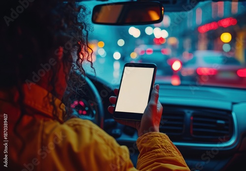 Woman with curly hair using smartphone in car during evening with blurred city lights in background