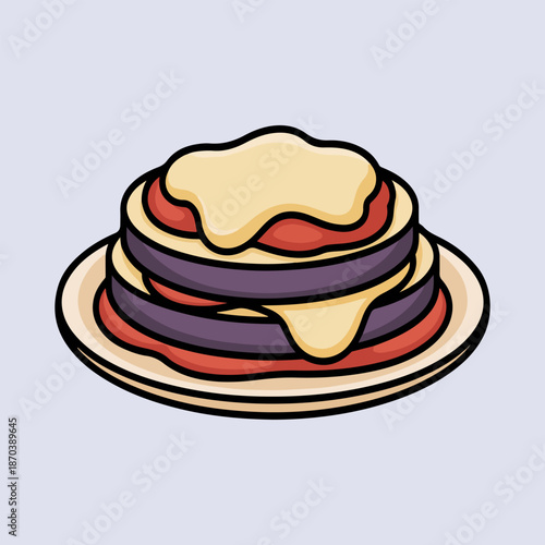 Testy eggplant parmesan slices vector illustration with tomato sauce and melted cheese on a plate