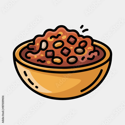 Delicious chili con carne bowl vector illustration with minced meat and beans isolated on white background