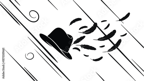 A black fedora hat blows away in the wind with feathers scattering.