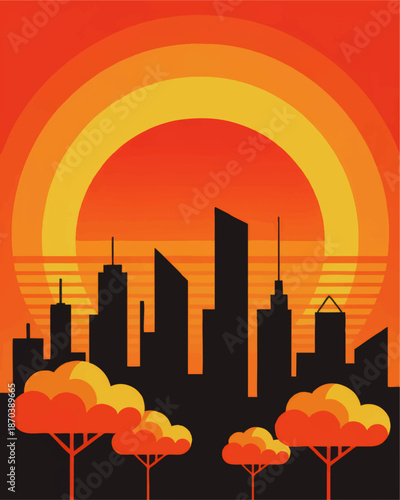 Vibrant sunset city skyline illustration with modern skyscrapers and stylized trees in bold orange yellow gradient background