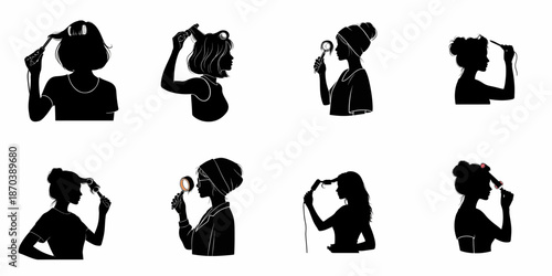 Set of eight women's silhouettes illustrating various hair styling and beauty routines, including curling irons, hair rollers, and brushing.