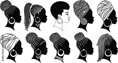 African woman hairstyle silhouette vector set showing braids, buns, headwraps and cultural beauty portraits for fashion and identity design projects.