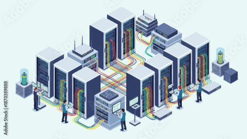 Isometric illustration of a data center with servers and networking equipment.
