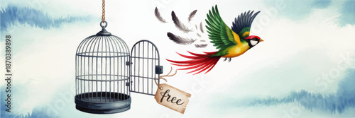 Colorful parrot escaping open birdcage watercolor illustration, flying freedom concept with sky background and free text label