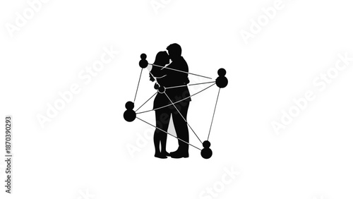 Silhouetted couple embracing within a network of connections, symbolizing unity and relationships
