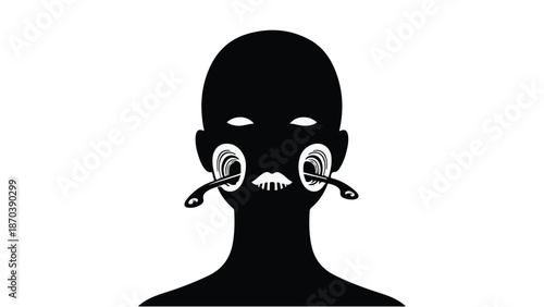 Surreal black silhouette of a head with swirling eyes and a mustache, creating a striking, abstract portrait.