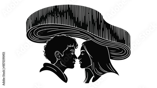 Young couple shares an intimate moment under a stylized aurora borealis