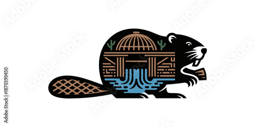 Beaver dam illustration logo with stylized waterfall river landscape and lodge inside animal silhouette on transparent background