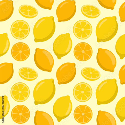  Lemon fruit and citrus slices seamless pattern vector illustration on light background