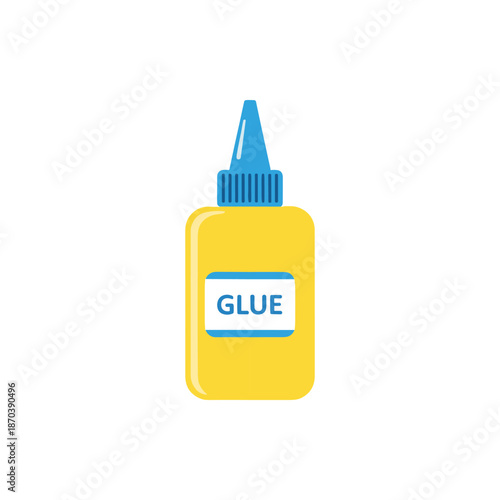Clean vector graphic of a yellow bottle containing liquid adhesive with a blue dispenser, a common tool for crafting, office, and repair tasks. Represents sticky bonding solutions