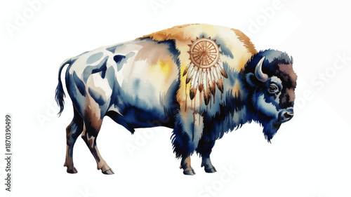 Colorful watercolor bison illustration with native dreamcatcher emblem, tribal wildlife art on transparent background for posters and decor