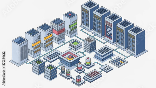 Isometric illustration of a data center with servers and network infrastructure.