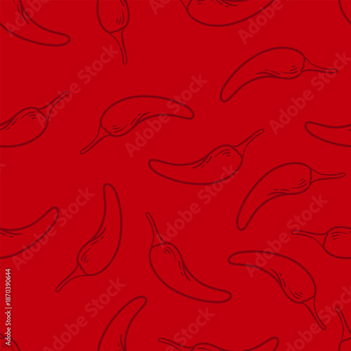 Red Chili Line Doodle Seamless Pattern. Hand drawn Chili Illustration Isolated on Red Background. Chili Pattern Background.