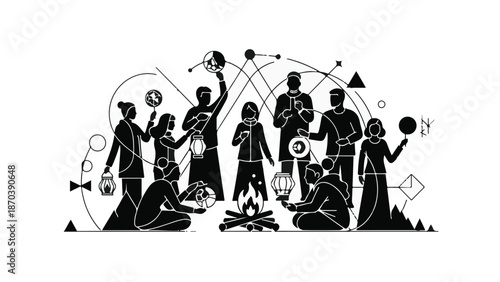 Diverse group gathers around campfire, sharing ideas and connecting through abstract geometric network