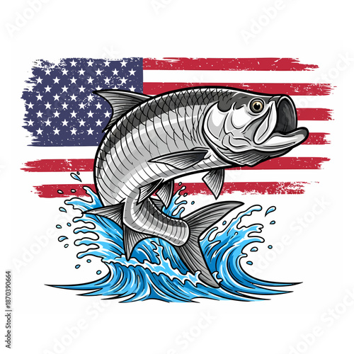 Tarpon fish jumping with American flag background in vintage illustration style