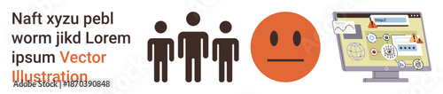 Social interaction, emotions, technology, data analysis, cybersecurity, internet risks. Three people icons, neutral face symbol computer showing graphs and caution alerts. Social interaction