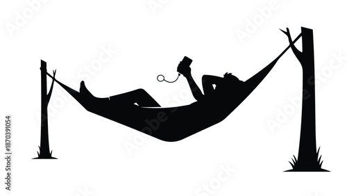 Silhouette of a person relaxing in a hammock, reading a book under trees