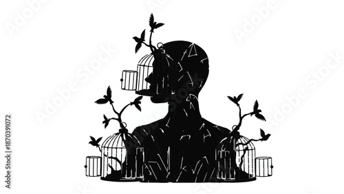 Silhouette of a person breaking free from cages, symbolizing liberation and growth