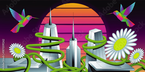Futuristic cityscape with neon hummingbirds, daisies and green vines at sunset, surreal retro wave cyberpunk nature illustration