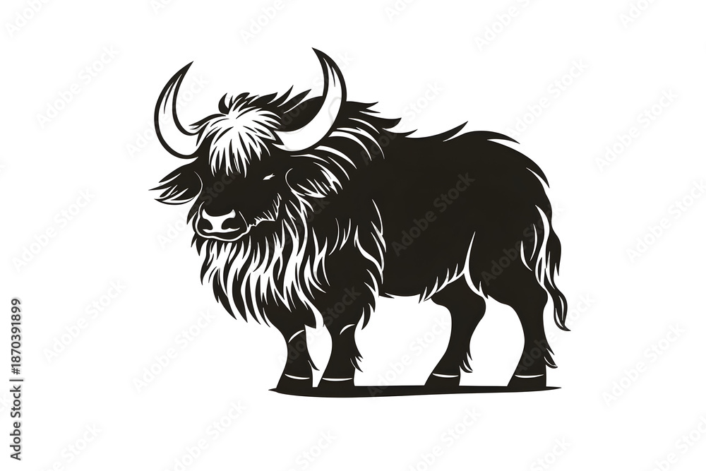 Obraz premium Majestic Yak Silhouette: A detailed black and white illustration of a robust yak, showcasing its impressive horns and rugged physique. 