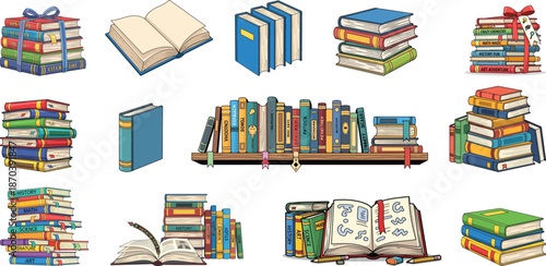  A flat vector illustration pack of books with diverse themes, perfect for education, reading, and literary designs. Bright, clean, and versatile for digital and print projects.