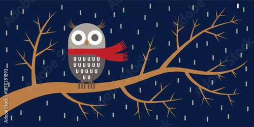 Cute winter owl illustration with red scarf on tree branch at night, whimsical flat cartoon design for children’s seasonal backgrounds