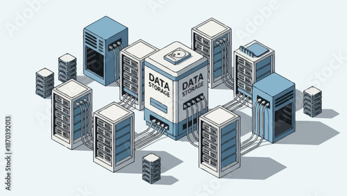 Isometric Data Center Servers and Storage Infrastructure.