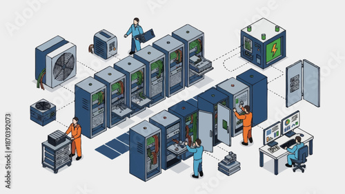 Industrial data center with technicians managing servers and equipment.