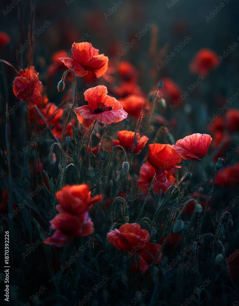 Obraz premium Field of vibrant red poppies with delicate, silky petals and slender green stems bathed in soft, warm glow during sunset