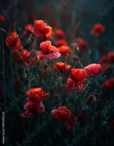 Field of vibrant red poppies with delicate, silky petals and slender green stems bathed in soft, warm glow during sunset