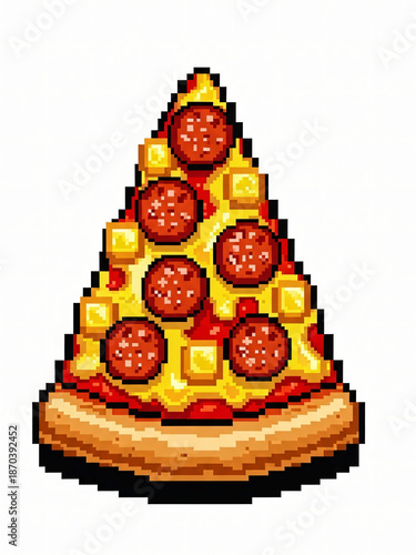 A pixel art image of a triangular slice of pizza topped with pepperoni and cheese on a white background