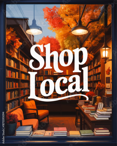 Cozy autumn bookstore window display with Shop Local typography, warm reading nook, bookshelves and fall foliage illustration