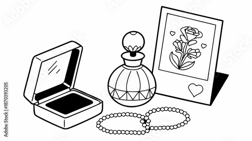 A rose illustration and jewelry displayed beside a perfume bottle and an open jewelry box