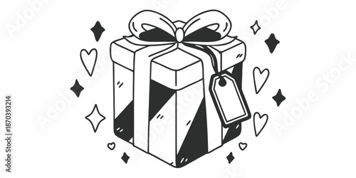 A beautifully wrapped gift box adorned with a ribbon and surrounded by sparkling hearts and stars