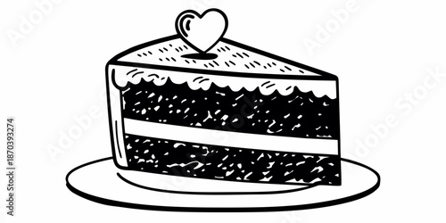 A slice of cake on a plate with a heart decoration on top