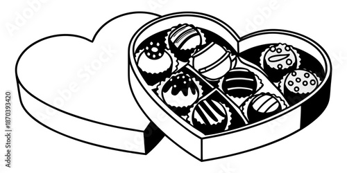 Heart-Shaped Box Filled with Assorted Chocolates and Desserts on a White Background