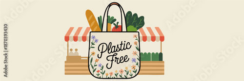 Plastic free tote bag with vegetables at farmers market, eco friendly reusable shopping bag illustration for zero waste lifestyle