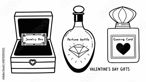 Valentine's Day gifts displayed on a clean white background featuring a jewelry box, perfume bottle, and greeting card