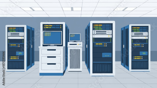 Server room with multiple computer servers and equipment.