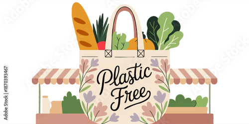 Plastic free reusable grocery bag illustration with fresh vegetables and bread at farmers market stall, eco friendly zero waste shopping